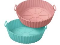 DALUCI Air Fryer Silicone Tray Reusable Air Fryer Liners Heat Resistant Basket Baking Tray with Handles Nonstick Easy to Clean Cooking Oven Insert Accessories – Multicolor (Round, Pack of 2)