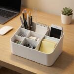 DaKos Desktop Organizer – Slanted Multi-Functional Tiered Stationery Caddy & Makeup Brush Holder, 7 Compartment Desktop Storage Box for Office, School, Vanity, and Craft Supplies (White)