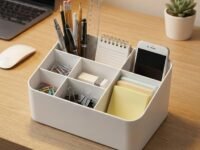 DaKos Desktop Organizer – Slanted Multi-Functional Tiered Stationery Caddy & Makeup Brush Holder, 7 Compartment Desktop Storage Box for Office, School, Vanity, and Craft Supplies (White)