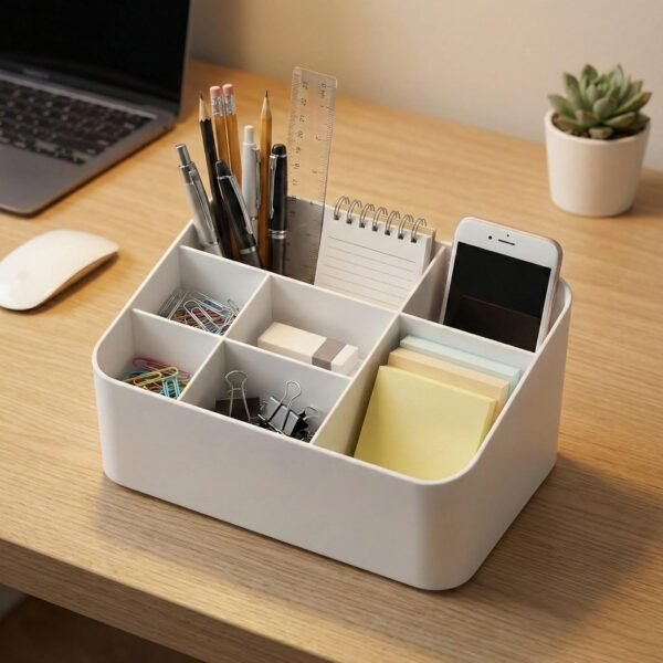 DaKos Desktop Organizer – Slanted Multi-Functional Tiered Stationery Caddy & Makeup Brush Holder, 7 Compartment Desktop Storage Box for Office, School, Vanity, and Craft Supplies (White)