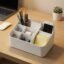 DaKos Desktop Organizer – Slanted Multi-Functional Tiered Stationery Caddy & Makeup Brush Holder, 7 Compartment Desktop Storage Box for Office, School, Vanity, and Craft Supplies (White)