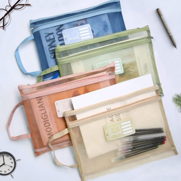 Dhamee 2 PCS A4 Double Layer Document Organizer Bags with Zipper & Handle | Waterproof Mesh File Pouch for School, Office, Travel, Home Storage | Letter Size Stationery Holder (Multicolor).