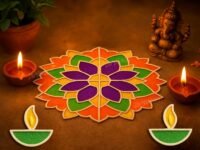 Divyakosh Big Rangoli Stencils with Rangoli Colors (10 Color Bottles), Style -'Flower with 2 Pcs Small Diyas', Size - 18 Inch| Reusable Diwali Decoration Items for Home Decor, Rangoli Tools|