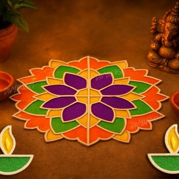 Divyakosh Big Rangoli Stencils with Rangoli Colors (10 Color Bottles), Style -'Flower with 2 Pcs Small Diyas', Size - 18 Inch| Reusable Diwali Decoration Items for Home Decor, Rangoli Tools|