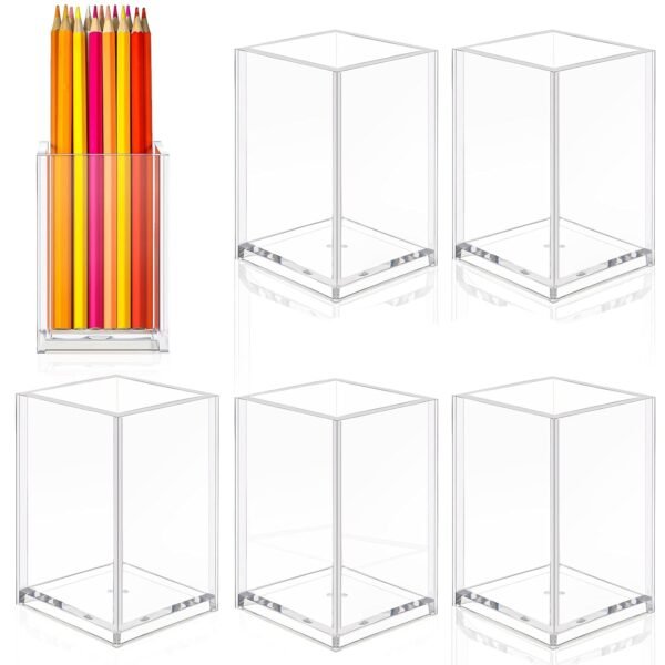 Dream One 6pcs Clear Acrylic Pen Holder Set–Transparent Desk Organizers for Home, Office, and School–Multi-Use Storage Cups for Makeup Brushes, Pens, Pencils, Markers, or Craft Supplies ACR019