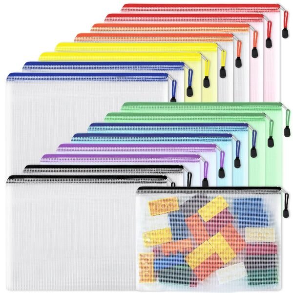 EOOUT USA 16pcs Plastic Mesh Zip Document Pouches File Folders with A4 Size Paper, Office Supplies, Travel Storage Bags,8 Colors (16), Multi-Coloured