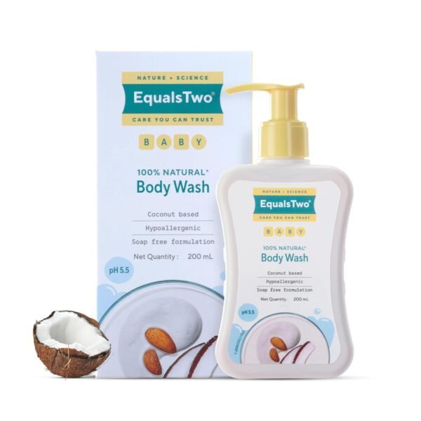 EQUALSTWO by Zydus Baby Body Wash 200ml, Tear-free & Soap-free, Head to Toe Baby Wash for Bath, Hypoallergenic & Dermatologically Tested, pH 5.5, Gentle Hydration for All Skin Types, (Pack 1)