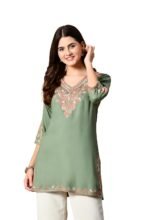 Embroidered Kashmiri Tunic Top, Short Kurti for Women on Jeans, V-Neck, 3/4 Sleeve, Floral Design,