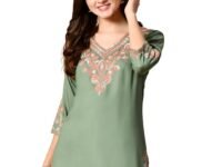 Embroidered Kashmiri Tunic Top, Short Kurti for Women on Jeans, V-Neck, 3/4 Sleeve, Floral Design,