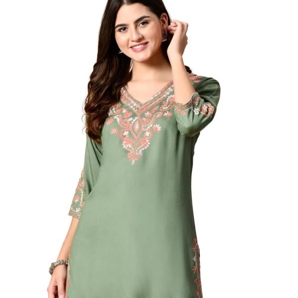 Embroidered Kashmiri Tunic Top, Short Kurti for Women on Jeans, V-Neck, 3/4 Sleeve, Floral Design,