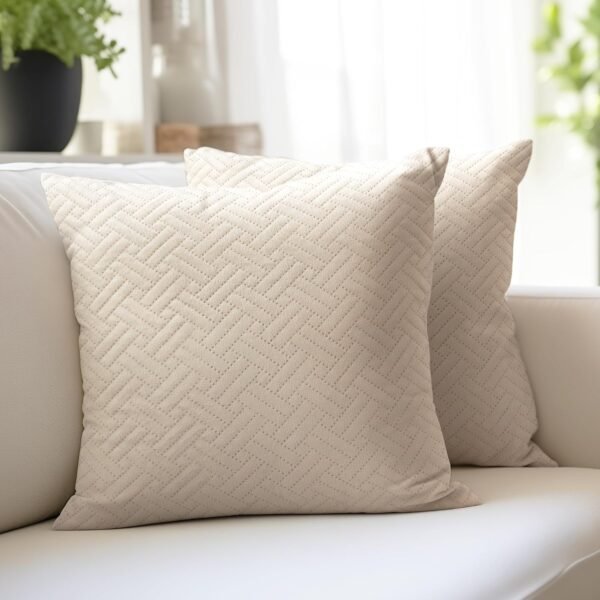 Encasa XO Cushion Covers 40x40 cm Set of 2 | Solid Color Quilted Velvet Sofa Cushion Covers | No Insert | Both Side Quilted Fabric | Beige | Decorative Pillow Covers for Home