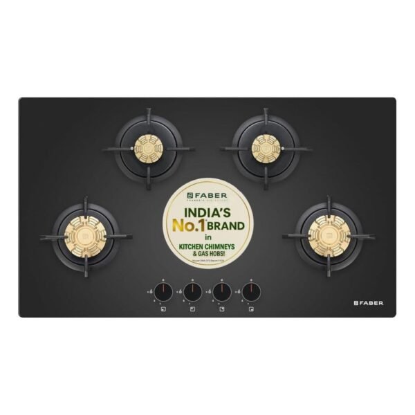 Faber 4 Burner 90Cm HOB |Auto Ignition| HOB PRIME HT904 CRS BR CI AI |Metal Knobs| Cast Iron Pan Support|HOB/Cooktop Hybrid|Black Glass Finish |5 Yrs Warranty On Glass,Valve & 2 Yrs On Burner