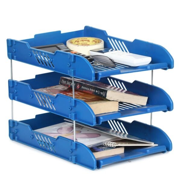 File Tray Rack Tabletop Abs Plastics|Foldable Office Desk Accessories|Tiered Shelf|Durable & Sturdy|Easy Assembly|Efficient Organizer|Plastic Office Stationery Files Layer Rack - 3Layer (Blue)