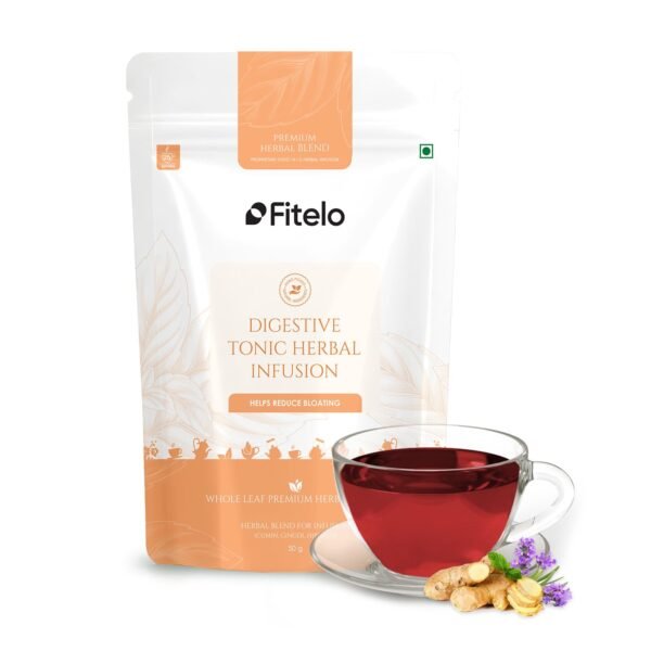 Fitelo Digestive Tonic Tea | 50 gm | Premium Hibiscus, Ginger, and Cumin Blend | Natural Caffeine-Free Detox Kahwa | Improves Digestion, Reduces Bloating & Acidity | Herbal Tea for Gut Health