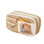 Flybar Aesthetic Pencil Pouch for Girls & Boys - Large Capacity Multi-Pocket Stationery Organizer, Cute Kawaii Canvas Pen Case for School & Office (Brown)