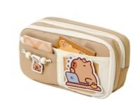 Flybar Aesthetic Pencil Pouch for Girls & Boys - Large Capacity Multi-Pocket Stationery Organizer, Cute Kawaii Canvas Pen Case for School & Office (Brown)