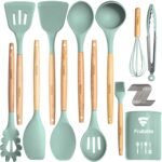 Fruitalite Silicone Kitchen Utensils Spoon Spatula Cooking Set of 13 Pcs | Non-Stick with Wooden Handle- BPA Free, Heat Resistant, Flexible Non Toxic Silicon Cookware Tools with Holder- Mint Green