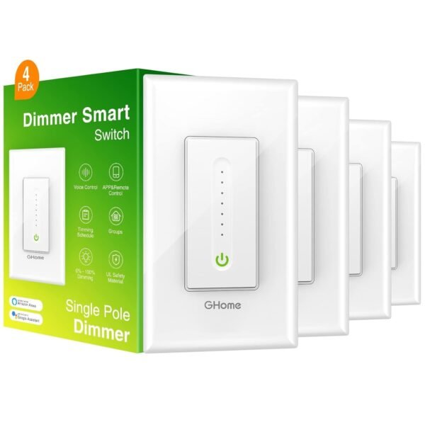 GHome Smart Dimmer Switch Works with Alexa Google Home, Single Pole 2.4GHz Wi-Fi Switch for Dimmable LED CFL INC Light Bulbs, Neutral Wire Required, Not 3 Way, No Hub Required, 4Pack