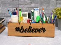 GKD Desk Organizer & Pen Stand for Office Table | 4 Compartment Wooden Stationery Holder with 3D Tag | Eco Friendly Desk Décor | Gift For New Year, Corporate Gifts (Believer Bamboo)