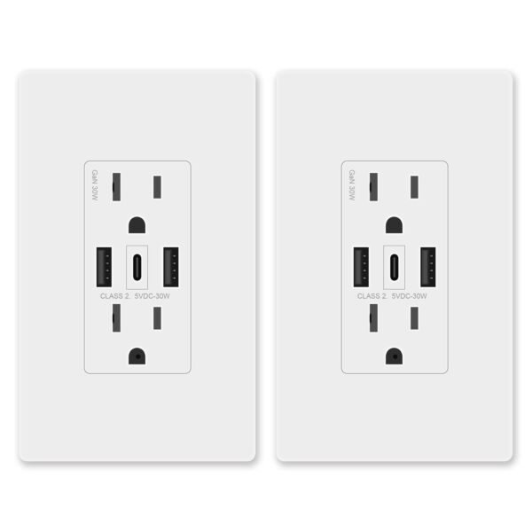 GaN 30W 6Amp 3-Port USB Wall Outlet, 15 Amp Tamper-Resistant Receptacle with 2 USB Type A & 1 Type C Port, USB Charger for iPhone/iPad/Samsung/LG/HTC, UL Listed - 2 Pack
