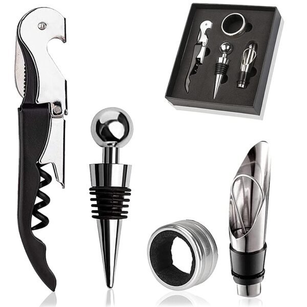 HASTHIP® 4PCS Bottle Openers Kit - Beer or Wine Opener Set Includes Corkscrew, Bottle Stopper, Wine Pourer and Ring (Gift Packaging)