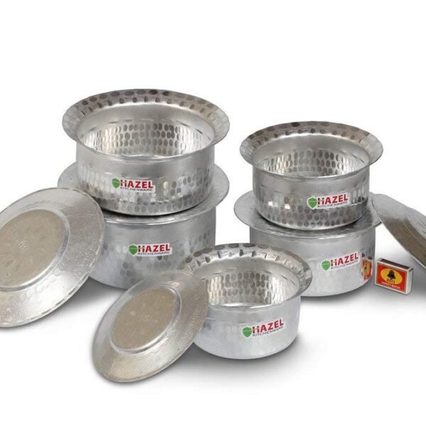 HAZEL Aluminium Tope Set with Lid | Silver Cooking Bhagona Set | Durable Lightweight Aluminium Vessels | 1L, 1.4L, 1.8L, 2.2L & 2.75L Patila Set for Cooking