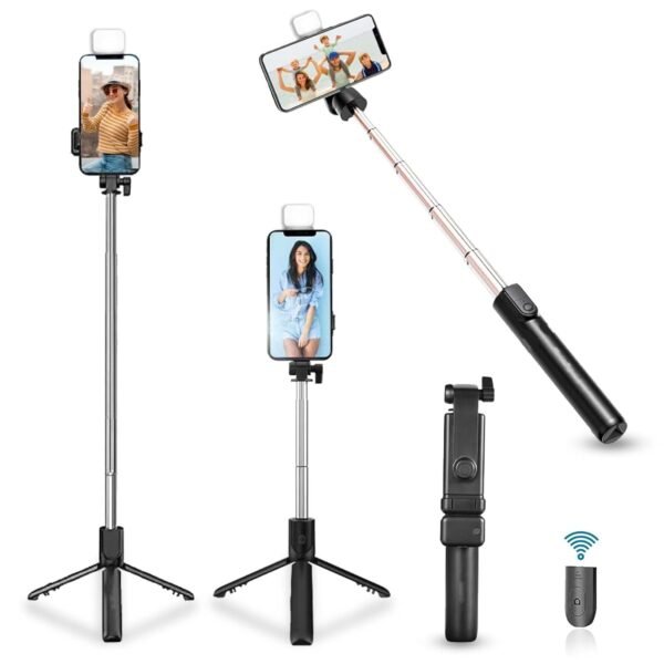 HOLD UP Selfie Stick with Tripod Stand, 3 in 1 Multifunctional Design, Rechargable LED Light with Two Brighness Levels for Make up, Selfie, Vlogging & Photo Shoot, Selfie Stick with Bluetooth Remote
