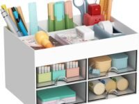 HOME CUBE Plastic Multi-Functional Desk Organizer With 4 Compartments&4 Pull Out Drawer Desktop Office Supplies Stationery Storage Box Cosmetic Organizer For Pens Staplers Clips Sticky Notes - White
