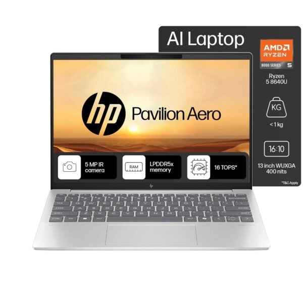 HP Pavilion Aero, AMD Ryzen 5-8640U AI Laptop (16GB RAM, 512GB SSD), WUXGA, 13.3"/33.8cm, Win 11, Office 2021, Silver, 1Kg, AMD Radeon Graphics, Ultra-Light, 5MP Camera, bg0016AU