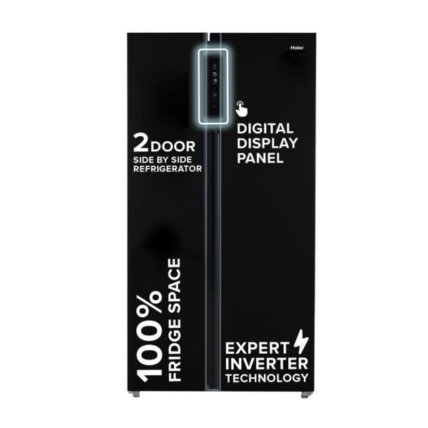 Haier 602L 3Star 2 Door Side by Side Frost Free Refrigerator|100% Convertible|Expert Inverter Technology|Digital Display Panel|Triple Twist Ice Maker|Deo Fresh Technology (HRS-682KS, Black Steel)