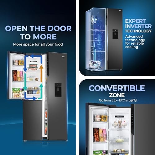 Haier SmartChoice 592L 3Star 3-Door Water Dispenser Side by Side Frost Free Refrigerator|Convertible|Smart Sense AI|Inverter|Digital Display Panel (2025 Model, HRT-683WGKU1, Graphite Black)