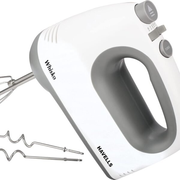 Havells Whisko 300 watt Hand Mixer with Single Eject Button, 5 Speed Turbo Function, Stainless Steel Hooks, 1.5m Long Cord, 1300 RPM & 2 Years Warranty (White Grey)