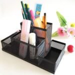 Heria Metal Mesh 4 Compartments Office Desktop Supplies Pen/Pencil Stand, Clip Holder, Tidy Desk Organizer for Home // Pen Stand Pencil Accessories Holder Container Desk Organizer Stationery(Black)