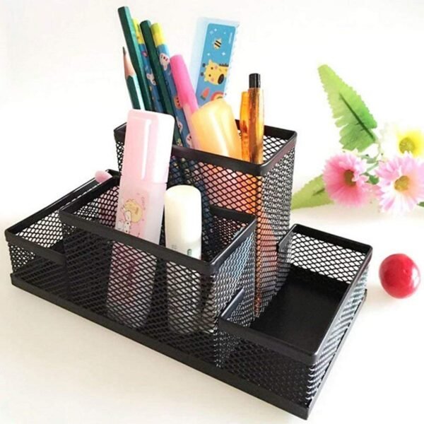 Heria Metal Mesh 4 Compartments Office Desktop Supplies Pen/Pencil Stand, Clip Holder, Tidy Desk Organizer for Home // Pen Stand Pencil Accessories Holder Container Desk Organizer Stationery(Black)