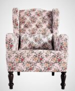 High Back Wing Chair, 1 Seater Sofa for Living Room, One Seater Maharaja Lounge Armchair with Cushion, Sheesham Wood, Brown, Multicolor