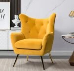 High Back Wing Chair Cushioned Lounge Single Seater Chair for Office Bedroom Solid Wood Upholstered Arm Chair Wingback Chair Sofa Bench Sofa Couch (Mastard Yellow)