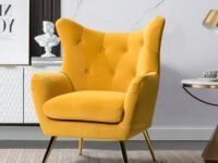 High Back Wing Chair Cushioned Lounge Single Seater Chair for Office Bedroom Solid Wood Upholstered Arm Chair Wingback Chair Sofa Bench Sofa Couch (Mastard Yellow)