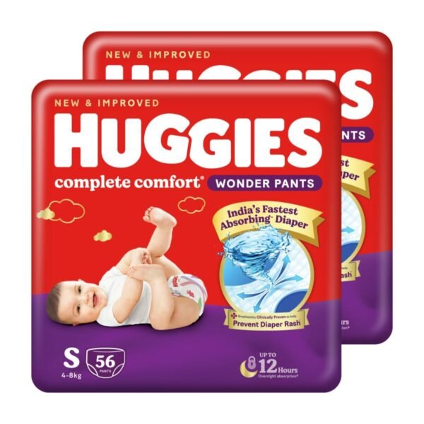 Huggies Complete Comfort Wonder Pants | Pant Style Baby Diapers Small Size (S), 112 Count | India's Fastest Absorbing Diaper, Prevents Diaper Rash, Ideal for 4 to 8 Kgs (56 Count, Pack of 2)
