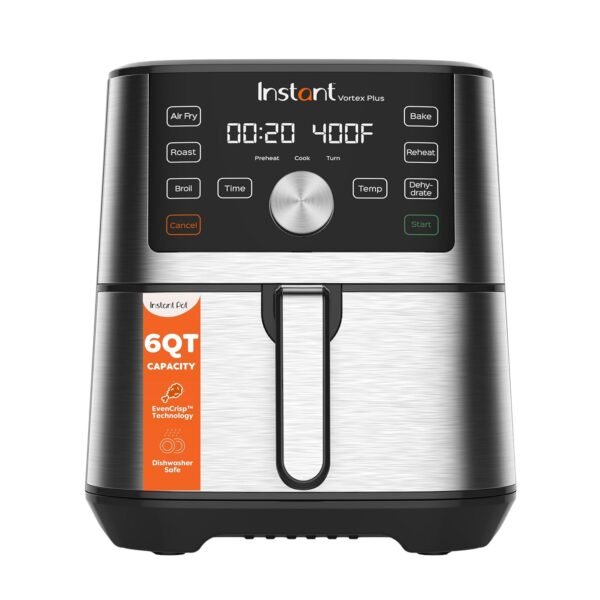 Instant Vortex Plus 6L Air Fryer, 6-in-1 with 360° EvenCrisp Technology, Touch Control Panel, Uses 95% Less Oil, Air Fry, Roast, Grill, Bake, Reheat & Dehydrate, 1500W, PFOA-Free & BPA-Free, 230V