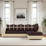 KENDALWOOD Engineered Wood Furniture 6 Seater L Shape Corner Sofa for Living Room | 6-Seater L Shape Sofa (Right Facing) with 6 Small Pillow | Sofa for Home & Office Furniture | Brown & Cream Finish