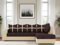 KENDALWOOD Engineered Wood Furniture 6 Seater L Shape Corner Sofa for Living Room | 6-Seater L Shape Sofa (Right Facing) with 6 Small Pillow | Sofa for Home & Office Furniture | Brown & Cream Finish