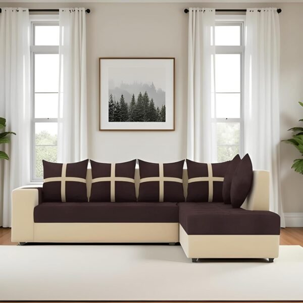 KENDALWOOD Engineered Wood Furniture 6 Seater L Shape Corner Sofa for Living Room | 6-Seater L Shape Sofa (Right Facing) with 6 Small Pillow | Sofa for Home & Office Furniture | Brown & Cream Finish