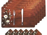 Kuber Industries Wooden Flower Design PVC 6 Piece Dining Table Placemat Set with Tea Coasters (Brown)-CTKTC32178