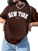 LEOTUDE Half Sleeve Cottonblend Oversized Tshirt for Women, Round Neck Longline Printed Drop Shoulder Baggie T-Shirt (Color Brown)