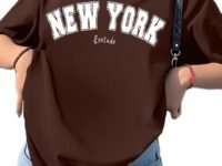 LEOTUDE Half Sleeve Cottonblend Oversized Tshirt for Women, Round Neck Longline Printed Drop Shoulder Baggie T-Shirt (Color Brown)