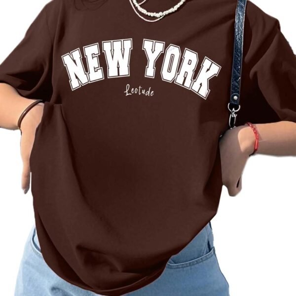 LEOTUDE Half Sleeve Cottonblend Oversized Tshirt for Women, Round Neck Longline Printed Drop Shoulder Baggie T-Shirt (Color Brown)