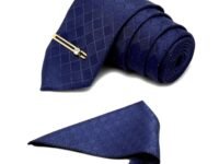 LOUIS STITCH Mens Marine Blue Italian Silk Necktie Set Incl Pocket Square Golden Tiepin American Style Formal Tie Gift Set for Men (TEGPBU037)