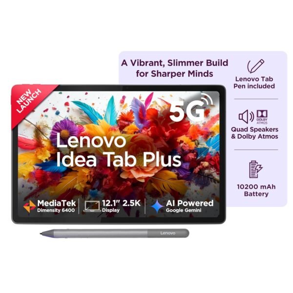 Lenovo Idea Tab Plus with Pen |Wifi + 5G|12.1" 2.5K Display, 800nits Peak Brightness|12GB RAM + 256GB ROM (Expandable upto 2TB)|MediaTek Dimensity 6400| 10200mAh|4 Speakers with Dolby Atmos| Luna Grey