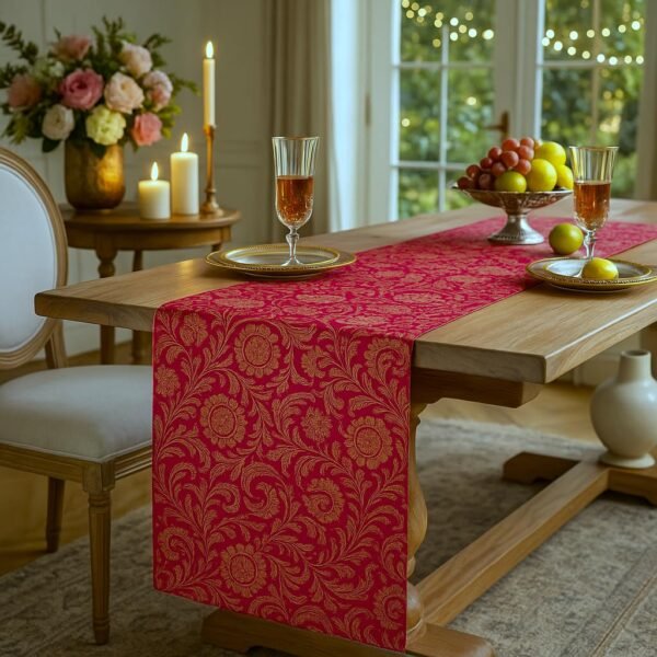 Luxury Indian Banarasi Brocade Silk Table Runner Pink & Gold Jacquard with Tassels 13x120 Inches|Perfect for 8-10 Seater Dining, Center, or Console Table Festive Diwali Decor & Gift|WWW.THROWPILLOW.IN
