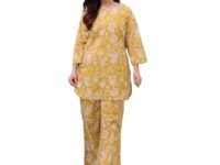 MEERA FAB Women Printed V-Neck Pure Cotton Tunic with Trousers Co-Ords Set